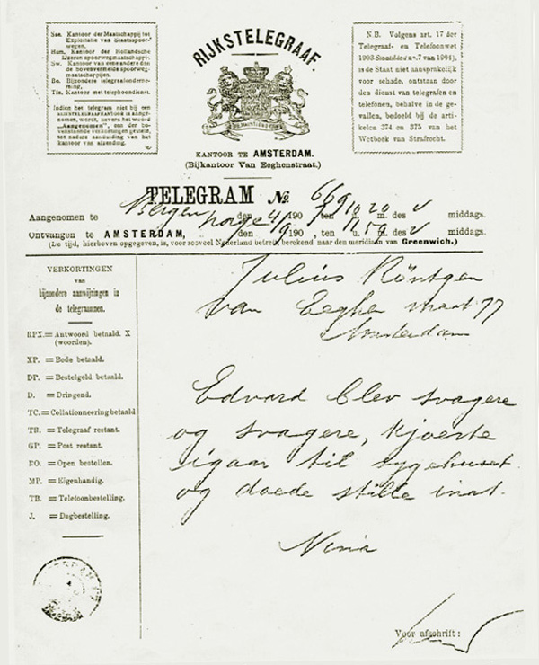 Telegram van Nina Grieg, 4 september 1907, na het overlijden van Edvard Grieg. 